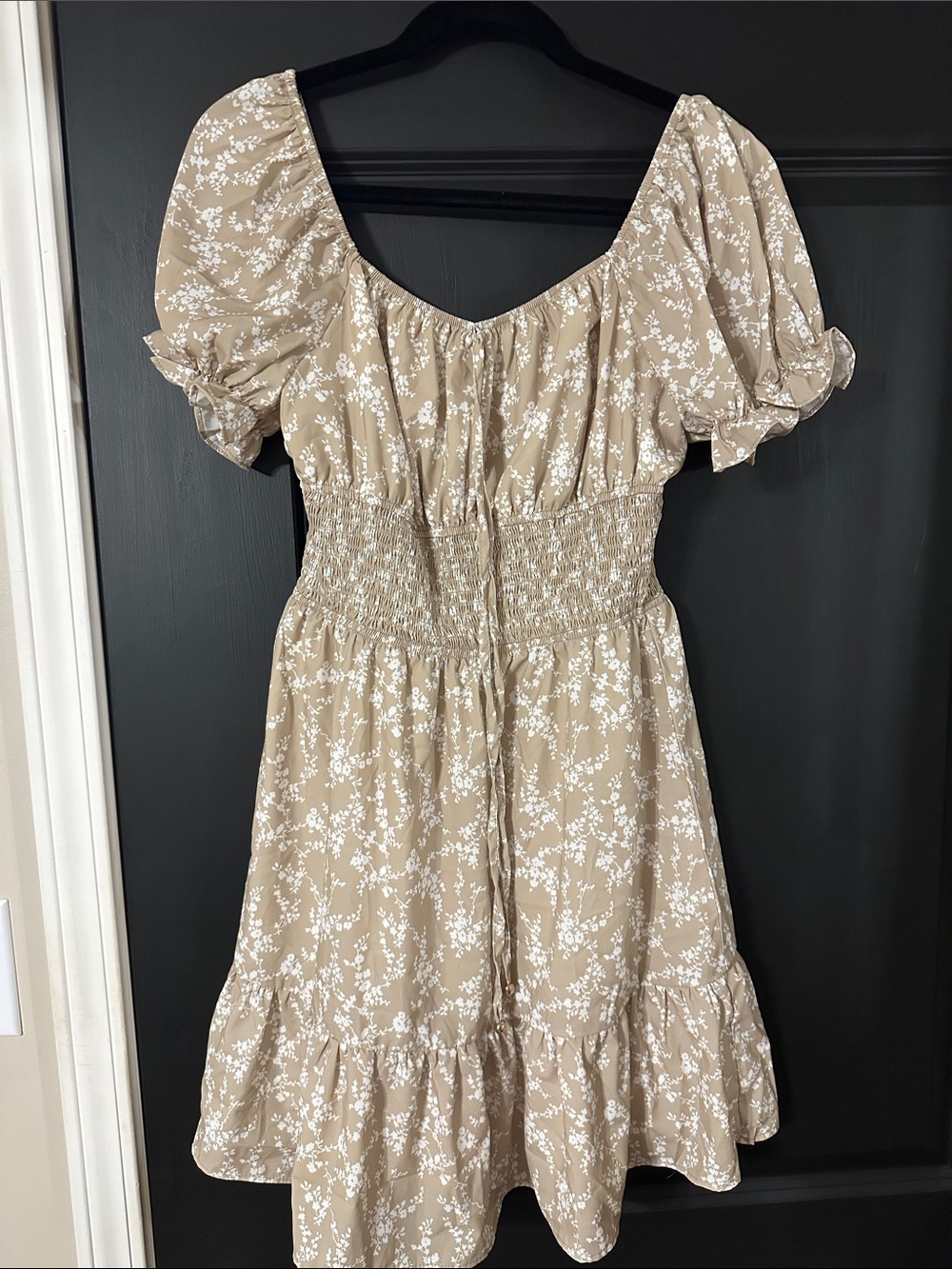 Beige Floral Puff-Sleeve Smocked Waist mini Dress